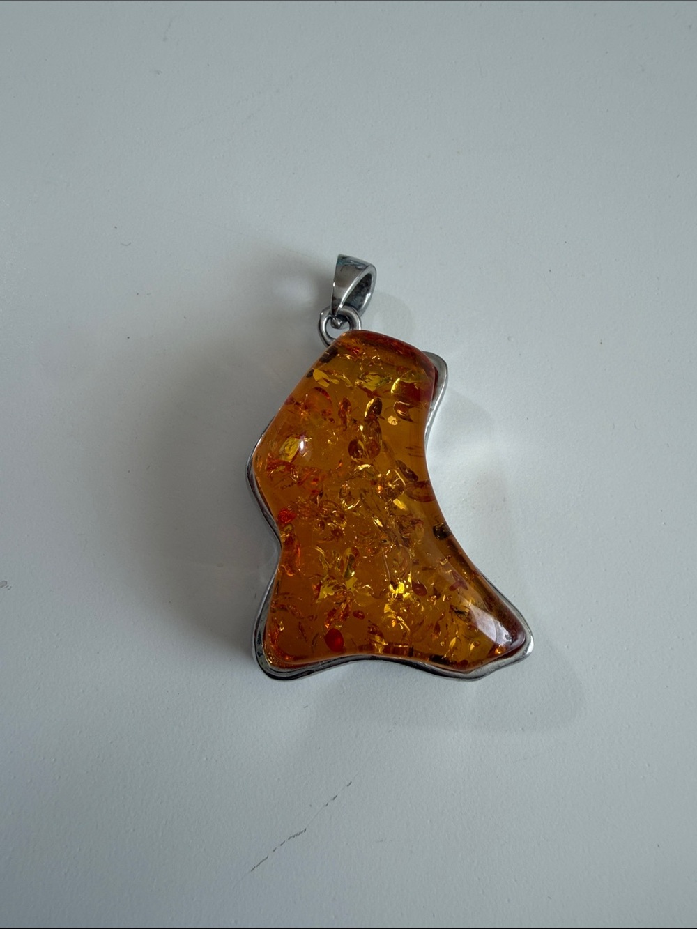 Silver Amber Resin Pendant - Warm Honey Orange